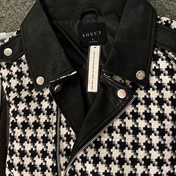 NWT-SONCY houndstooth frayed faux leather jacket - Picture 7 of 8